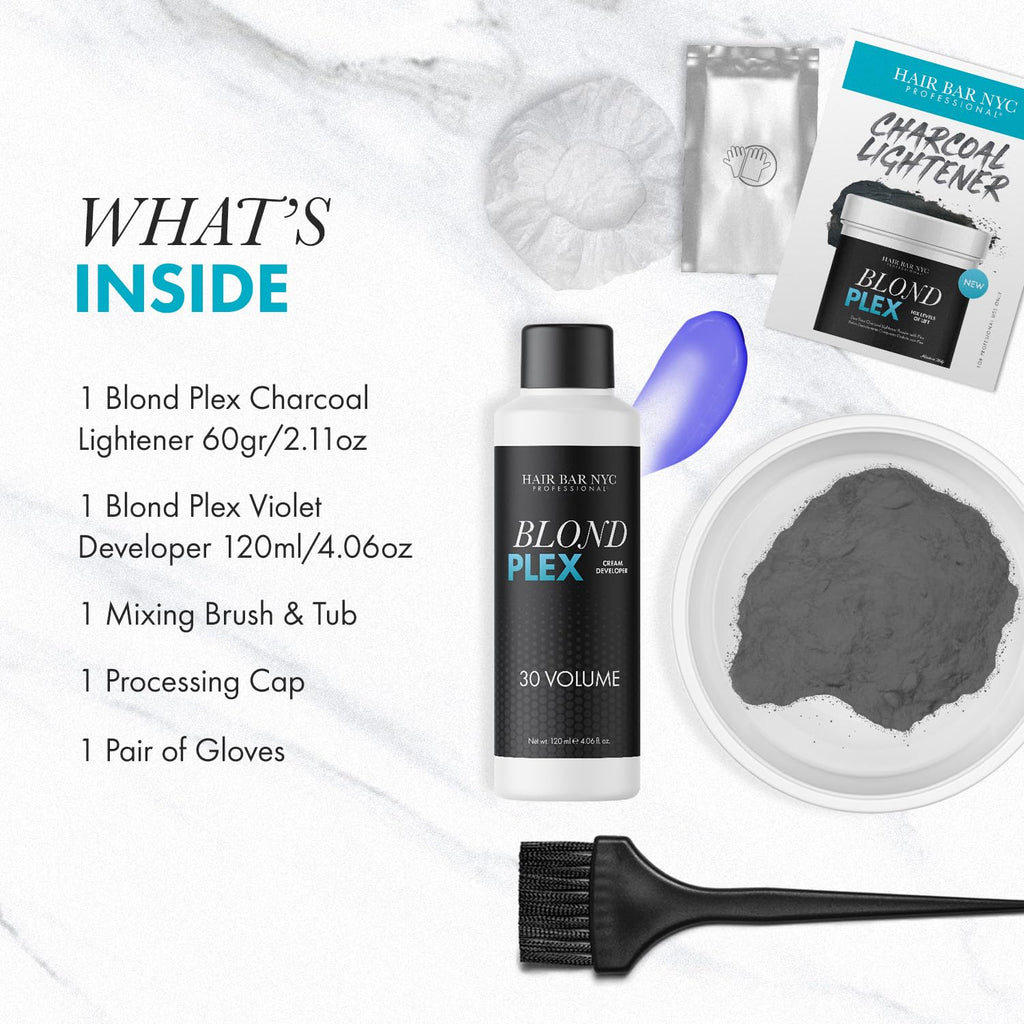 Hair Bar NYC Blond Plex 10X Lightener + 30 Volume Violet Developer Kit ¨C Dust-Free Charcoal Bleach Powder (50g / 1.76 oz) + Anti-Brass Developer (120 ml / 4.06 fl oz) ¨C Bond-Building Formula