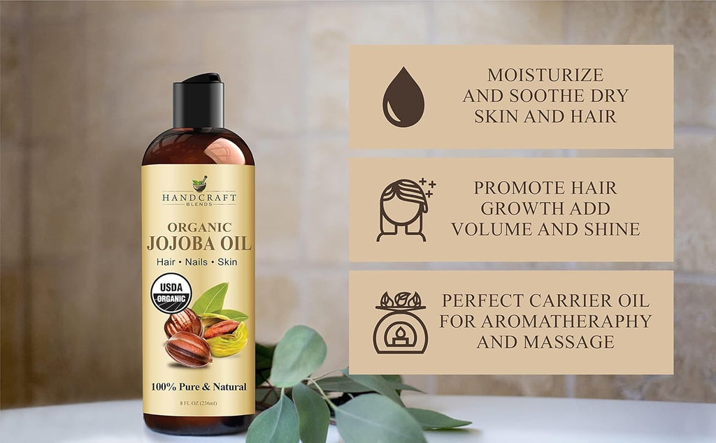 Handcraft Blends USDA Organic Jojoba Oil | Cold-Pressed | 8 Fl Oz | 100% Pure Natural | for Hair, Skin Face | Premium Grade Carrier Oil | for Massage Aromatherapy | Hexane-Free | Hair Relaxer