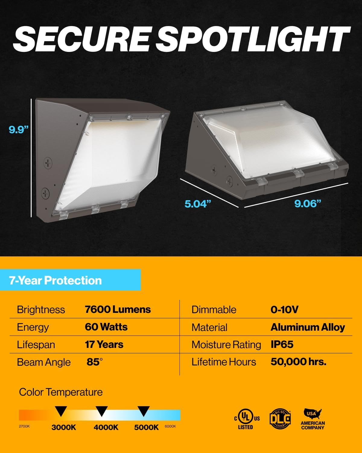 Sunc 1 Pac 80 LE Wal Pac Outdoo Industria Dimmabl Waterproo Commercia Grad Securit Warehous Supe Brigh Parkin Lo Lighting Selectabl CC 3000K/4000K/5000K 760 Lumens AC120-277V.