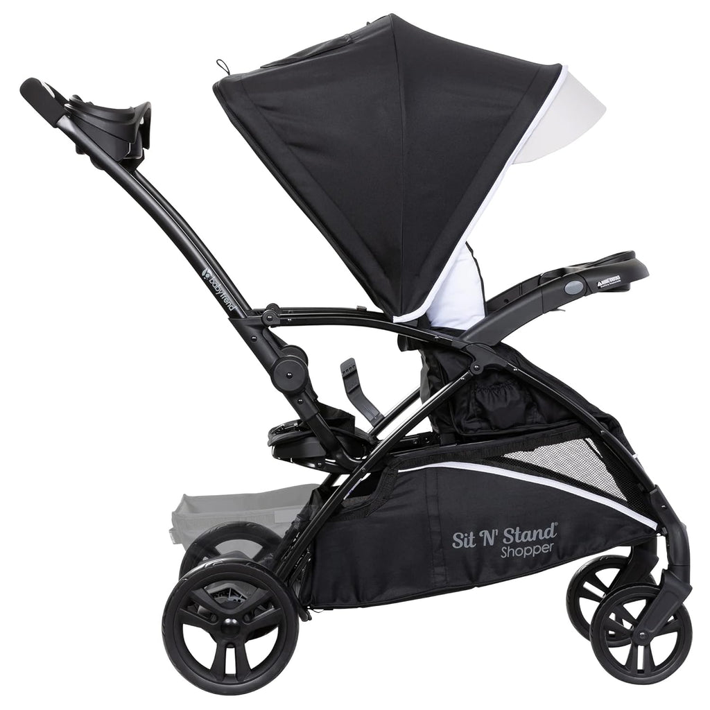 Baby Trend Sit N' Stand 5-in-1 Collapsible Shopper Stroller with Canopy, Visor, Extendable Storage Basket, Phone Tray, and 2 Cup Holders, Modern Khaki