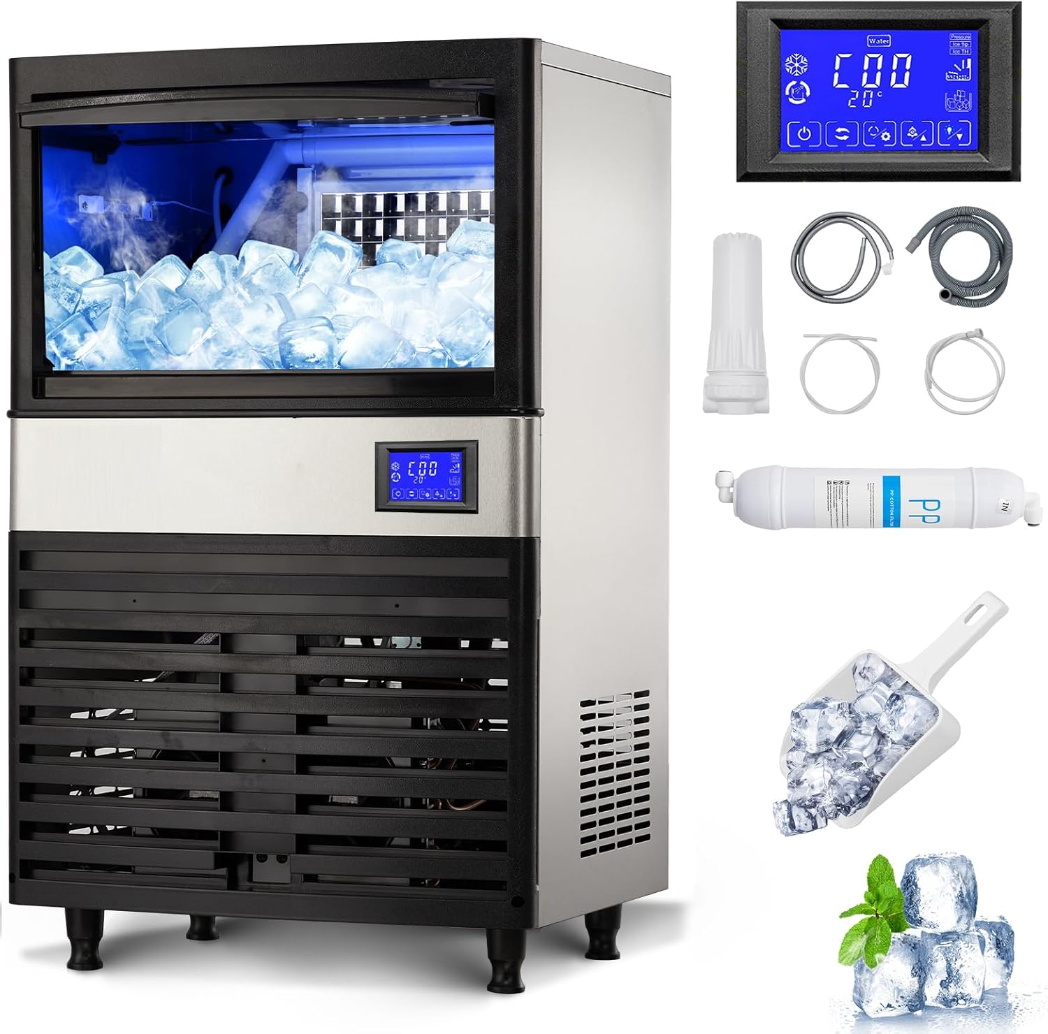 GarveeHom Unde Counte Ic Make Machin 11 LBS/24H Commercia Ic Make Machin 3 LB Storag Bin LC Pane wit Blu Ligh Stainles Stee Scoo fo Restaurant Home Bars Coffe Shop