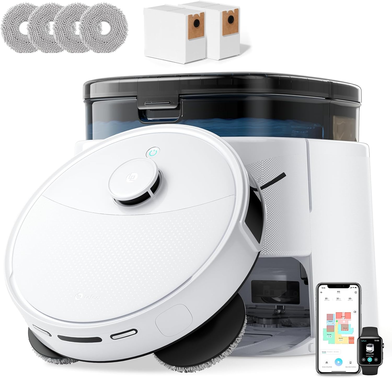 Lefant Robot Vacuum and Mop, 12000Pa Suction, Self Emptying, Auto Mop Washing and Drying for Hands-Free, Anti-Tangle Brushes, Dual Spinning Mop for Pet Hair Dust, Wi-Fi/App/Alexa/iWatch Control, M3