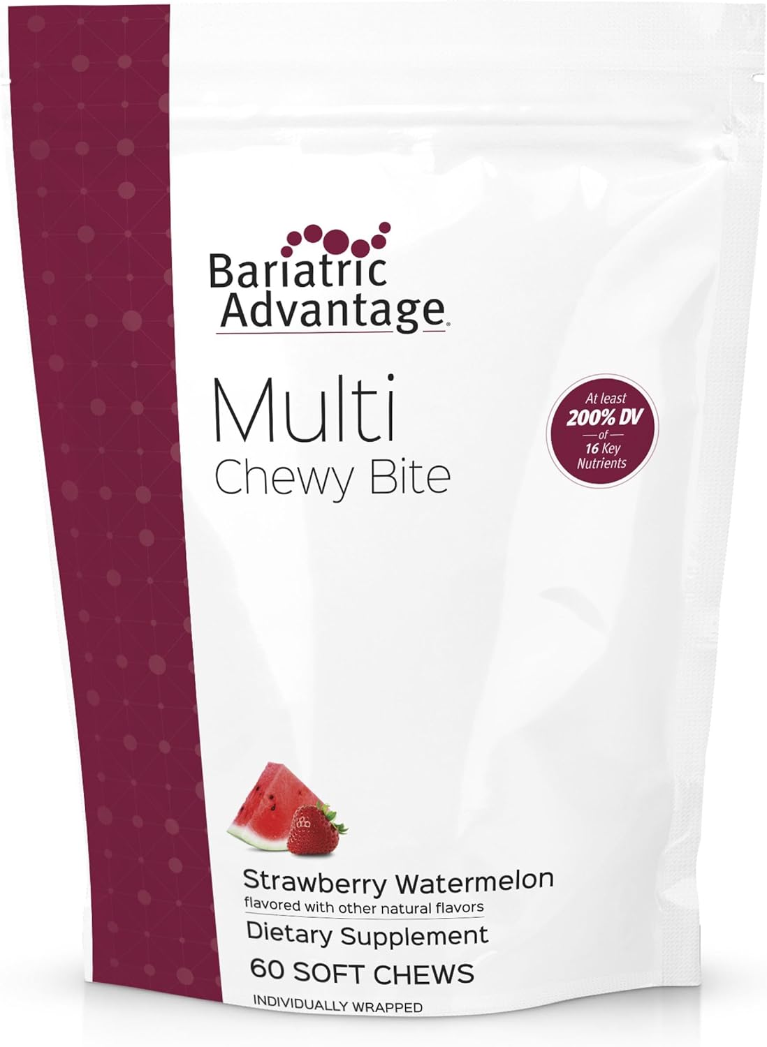 Bariatric Advantage Multi Chewy Bite - Soft Chew Multivitamin for Bariatric Surgery Patients - Chewable Multivitamin with Folic Acid, Vitamin D3 & More - Strawberry Watermelon Flavor - 60 Count
