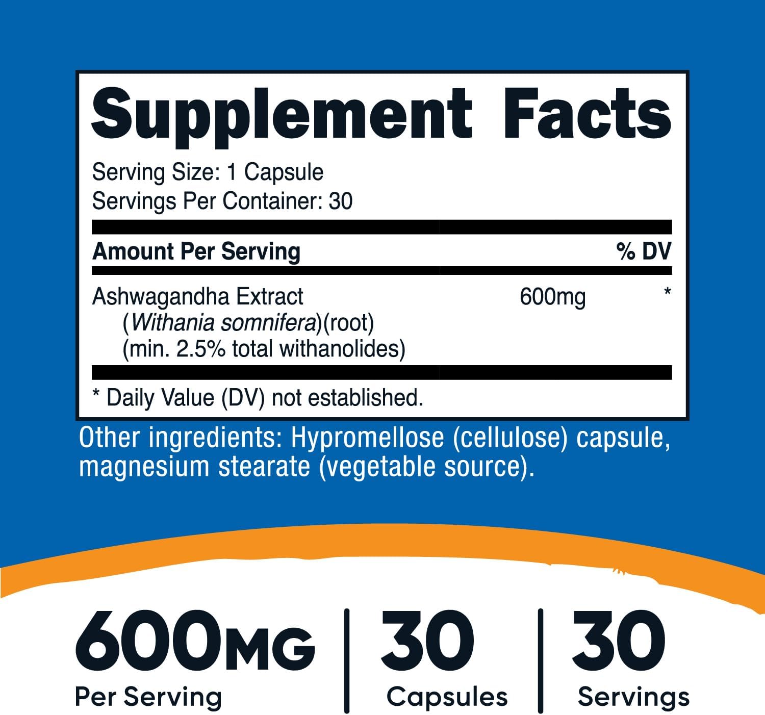 Nutricos Ashwagandh Roo Extrac Herba Supplemen 600mg 3 Capsule Vegetarian GMO-Free Glute Free