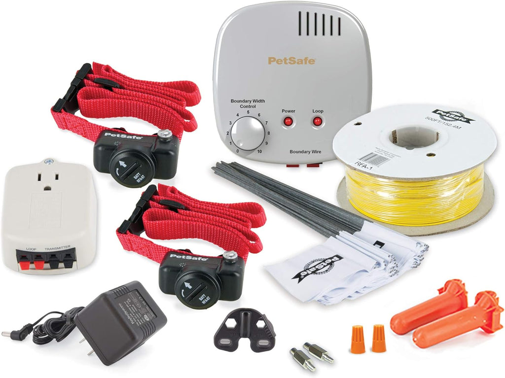 PetSafe 2-Dog Basic In-Ground Fence System - Easy Install Electric Pet Barrier with Visual Cue Boundary Flags, 2 Waterproof Collars Indoor Transmitter - Long-Lasting Training System