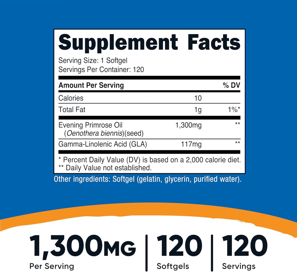 Nutricost Evening Primrose Oil 1,300mg, 120 Softgels - Cold Pressed, Non-GMO, Gluten Free, 120 Servings