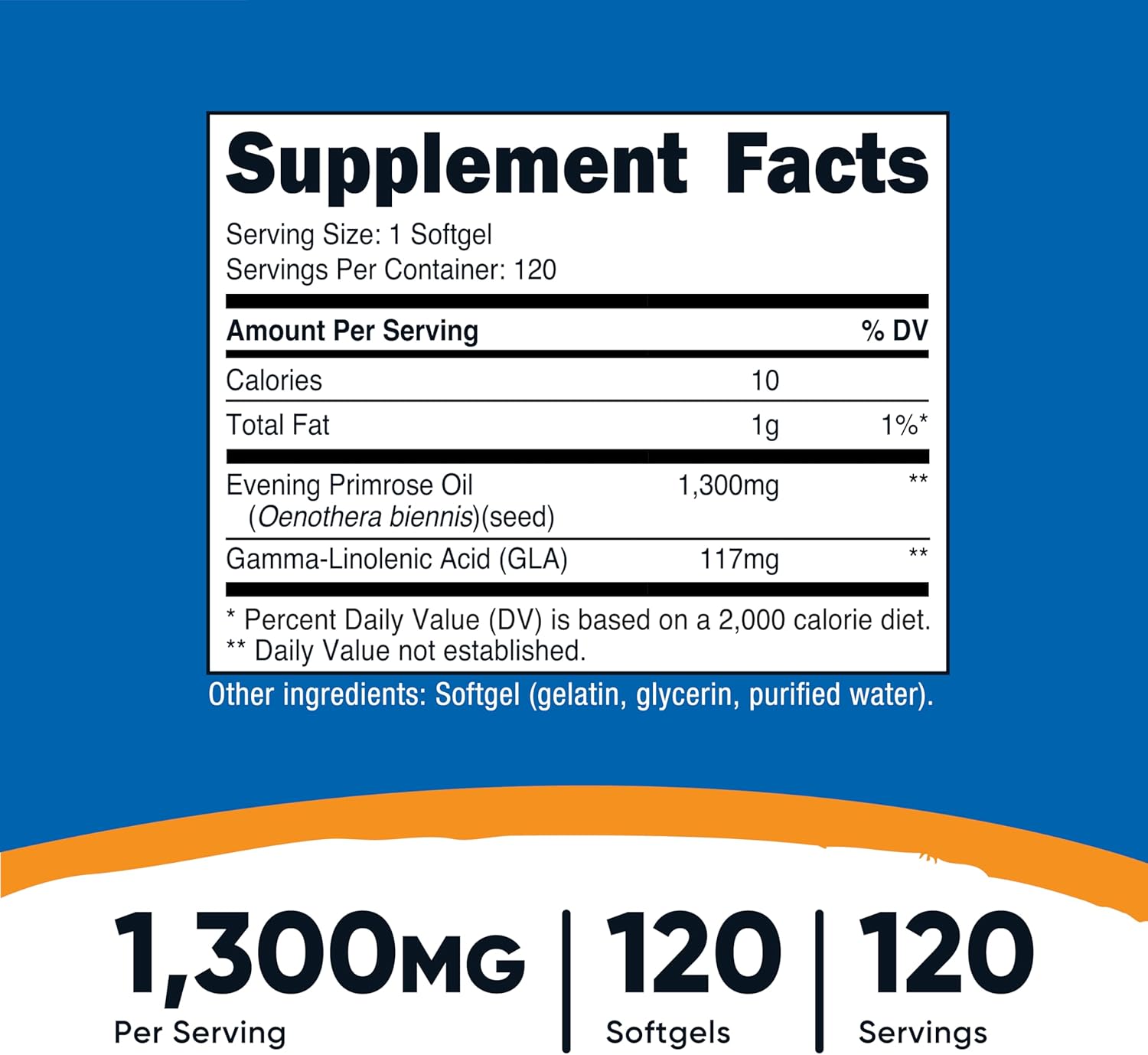 Nutricost Evening Primrose Oil 1,300mg, 120 Softgels - Cold Pressed, Non-GMO, Gluten Free, 120 Servings