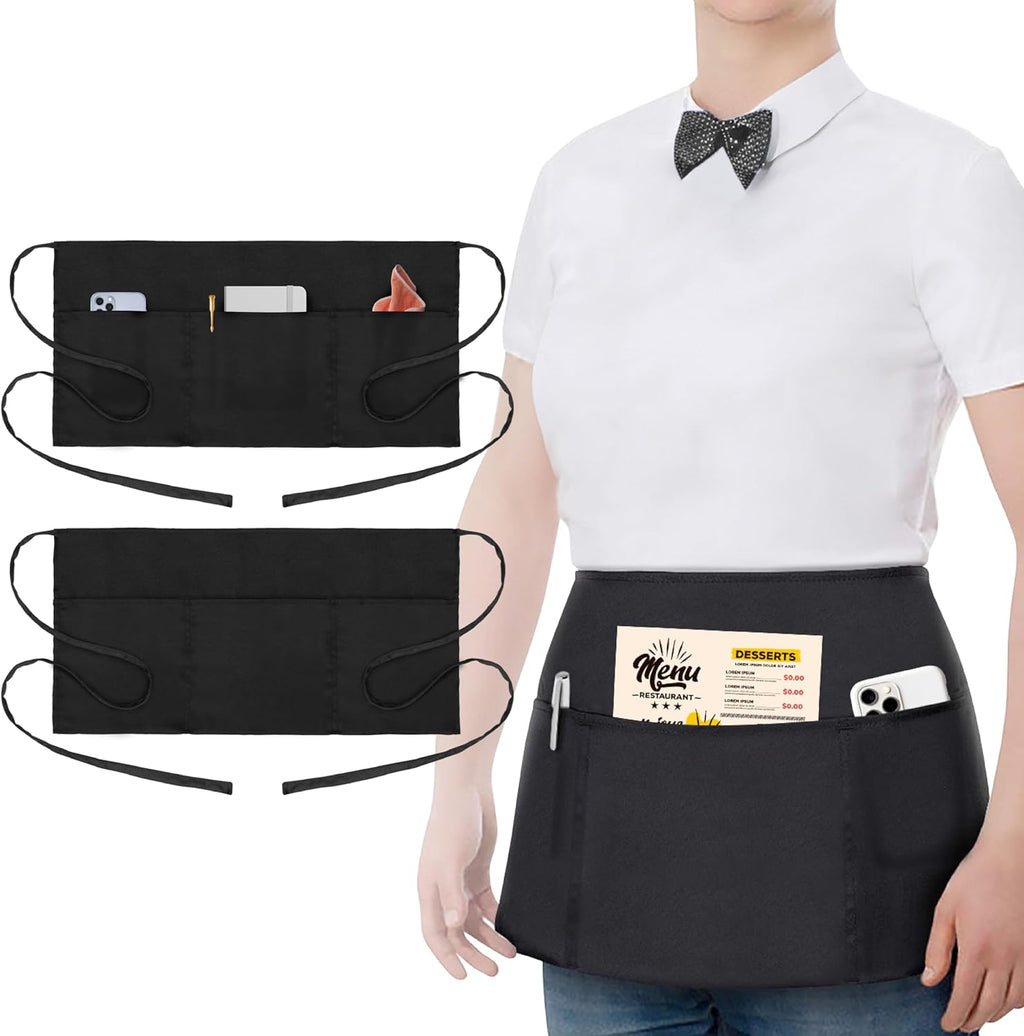 2 Pack Waitress Apron with 3 Pockets - Water Oil Resistant - Black Waist Aprons for Servers - Half Aprons for Women - 12 Inch