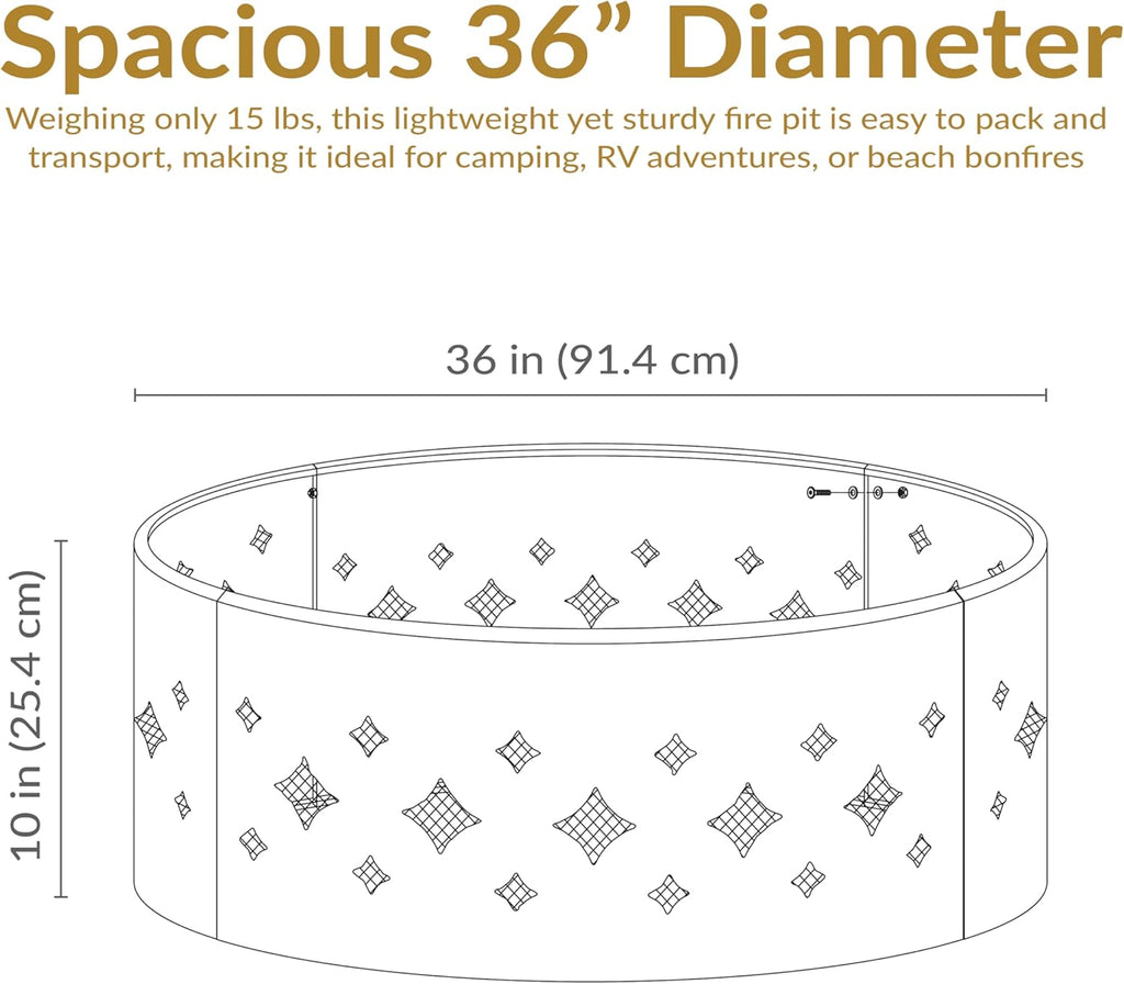 Sunnydaze 36-Inch Outdoor Fire Pit Ring with Poker - Round Heavy-Duty Steel Fire Ring for Camping or Backyard - Diamond - 10inch H