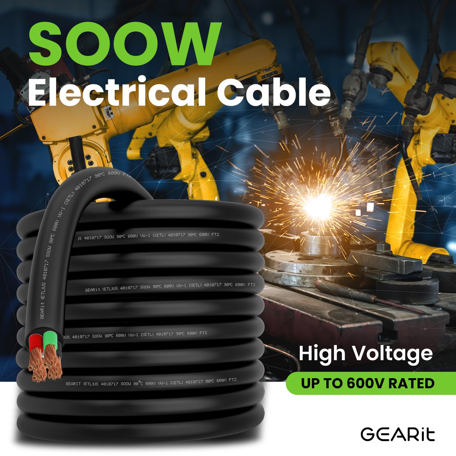 GEARit 14/4 14 AWG Portable Power Cable (100 Feet - 4 Conductor) SOOW 600V 14 Gauge Electric Wire for Motor Leads, Portable Lights, Battery Chargers, Stage Lights and Machinery -100ft Electrical Cord