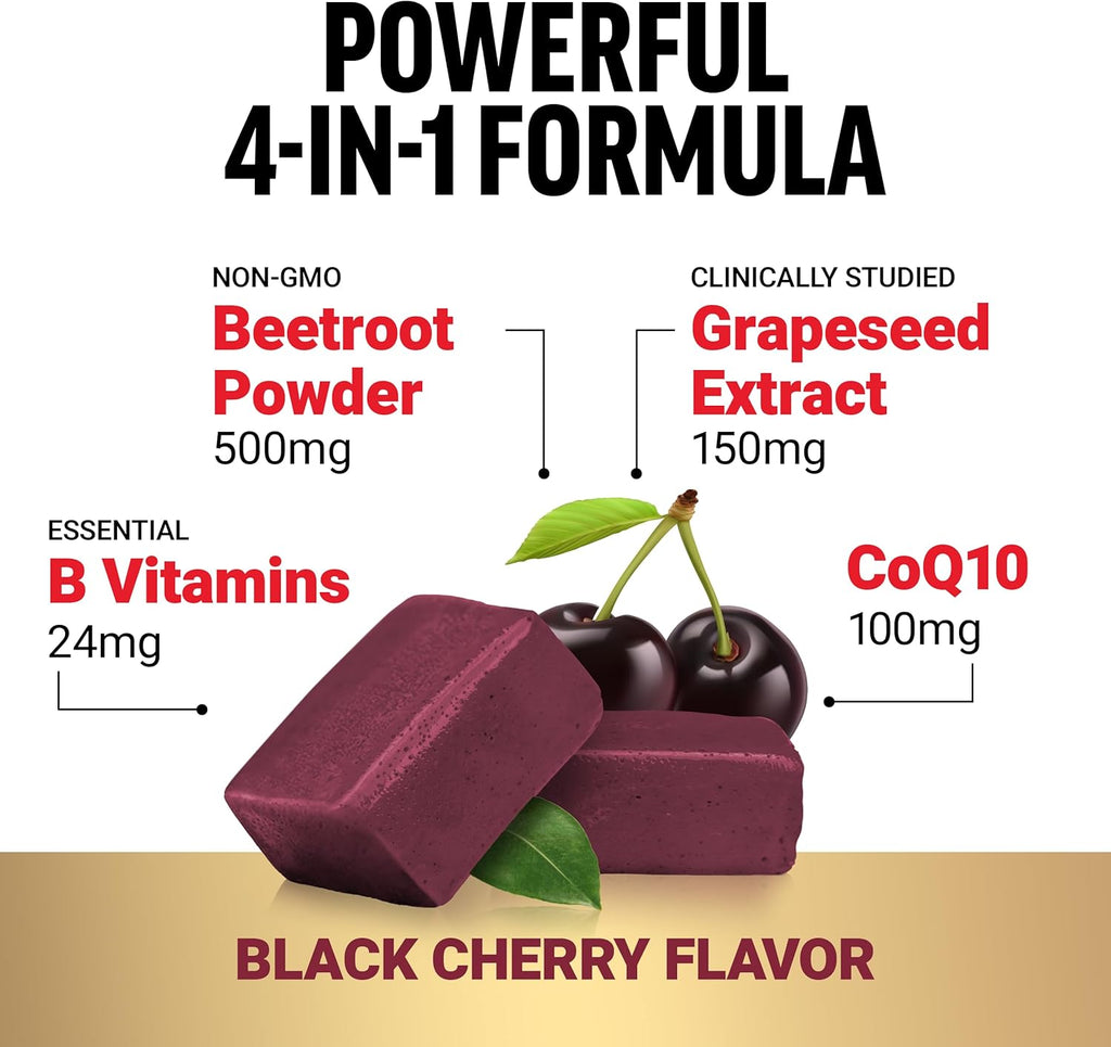 Force Factor Total Beets Ultimate Heart Health Chews for Blood Pressure Support, with Beetroot Powder, CoQ10, B Vitamins Grapeseed Extract for Blood Flow Energy, Black Cherry, 60 Soft Chews