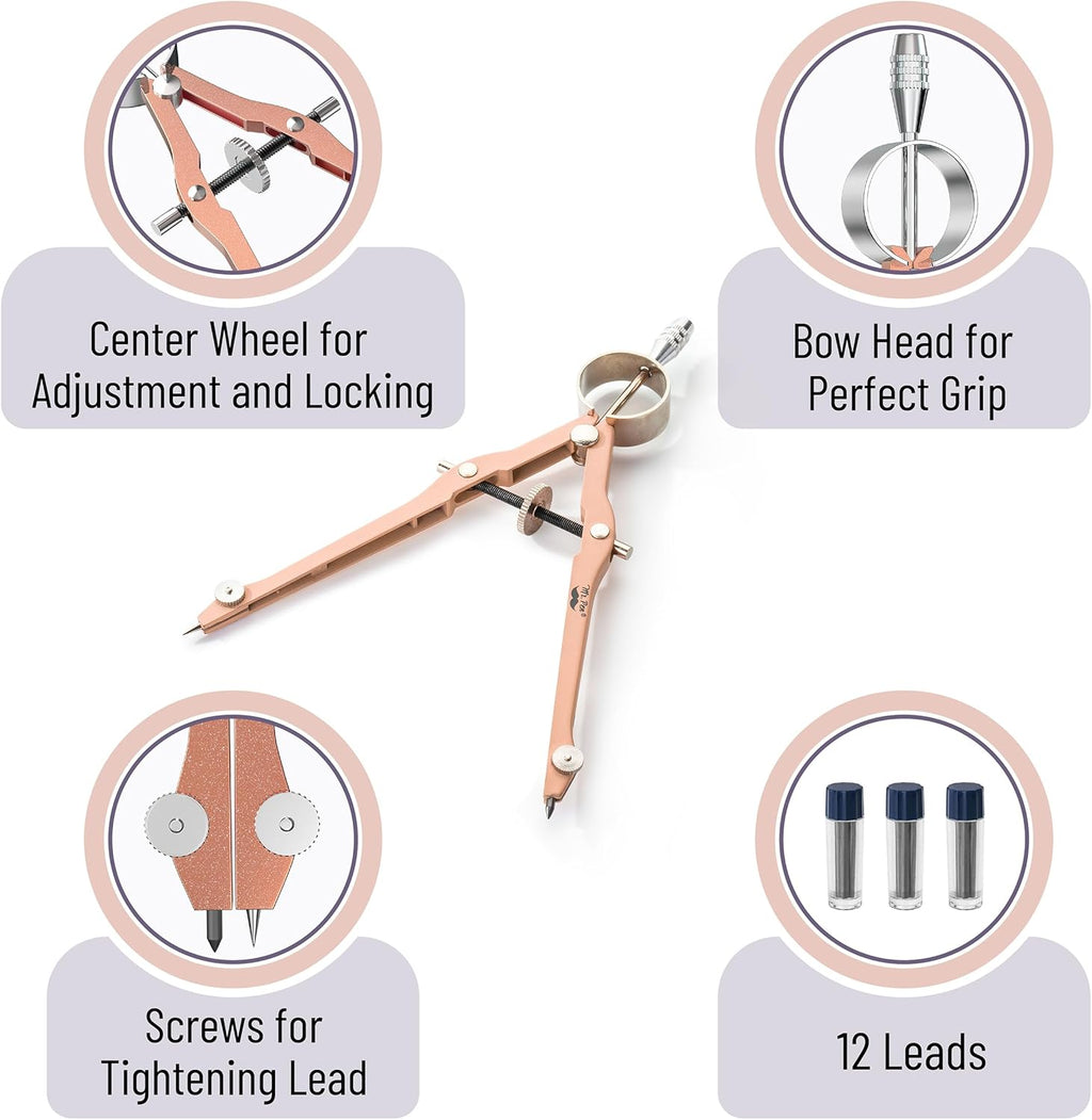 Professional Geometry Compass - Rose Gold, Metal with Lock, Drawing Drafting Compass - Extra Leads Included