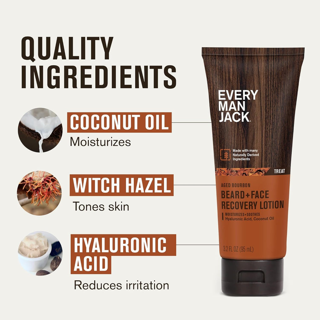 Every Man Jack Beard + Face Recovery Lotion - Moisturizes Relieves Dry Skin and Beard Itch - Light Aged Bourbon Scent - Made w/Naturally Derived Ingredients like Coconut Oil, and Witch Hazel - 3.2 oz (2 Pack)