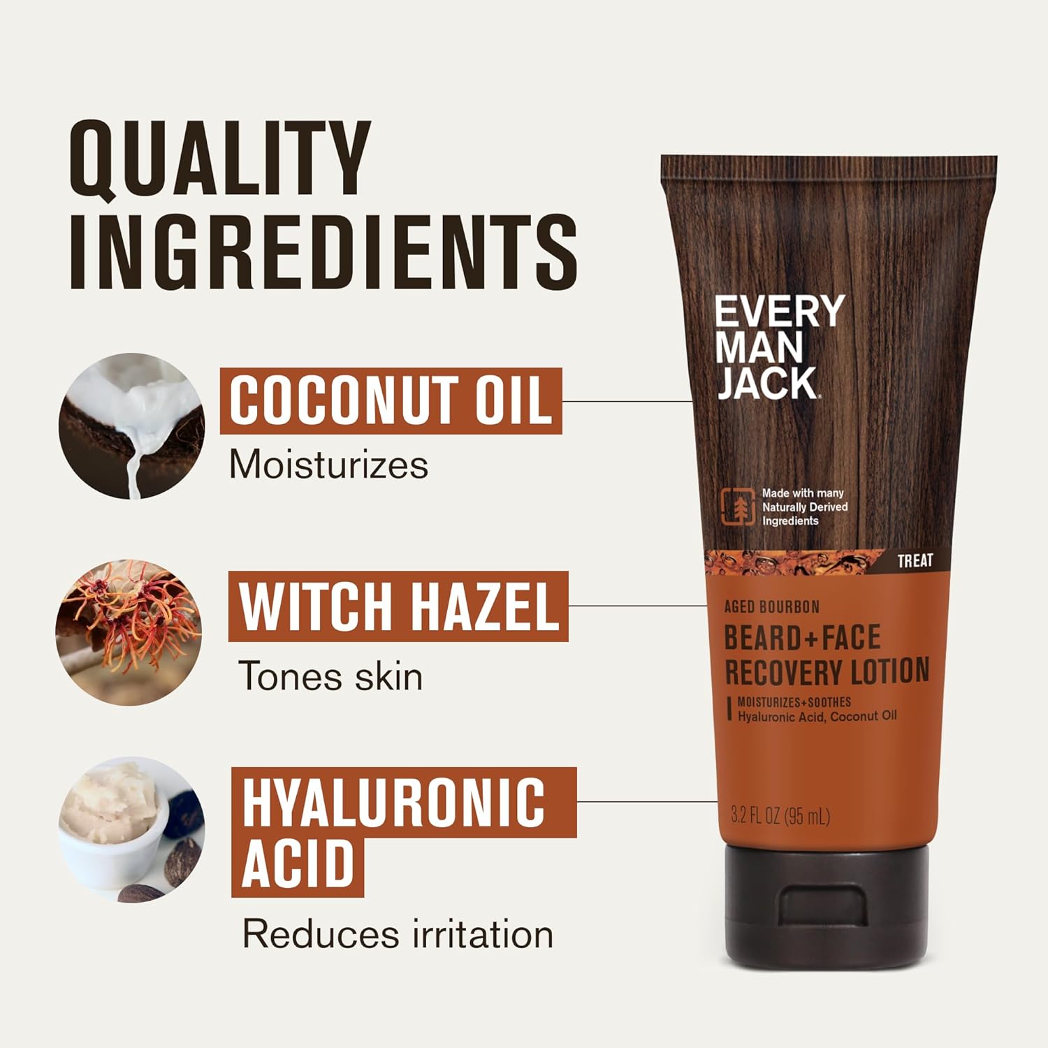 Every Man Jack Beard + Face Recovery Lotion - Moisturizes Relieves Dry Skin and Beard Itch - Light Aged Bourbon Scent - Made w/Naturally Derived Ingredients like Coconut Oil, and Witch Hazel - 3.2 oz (2 Pack)