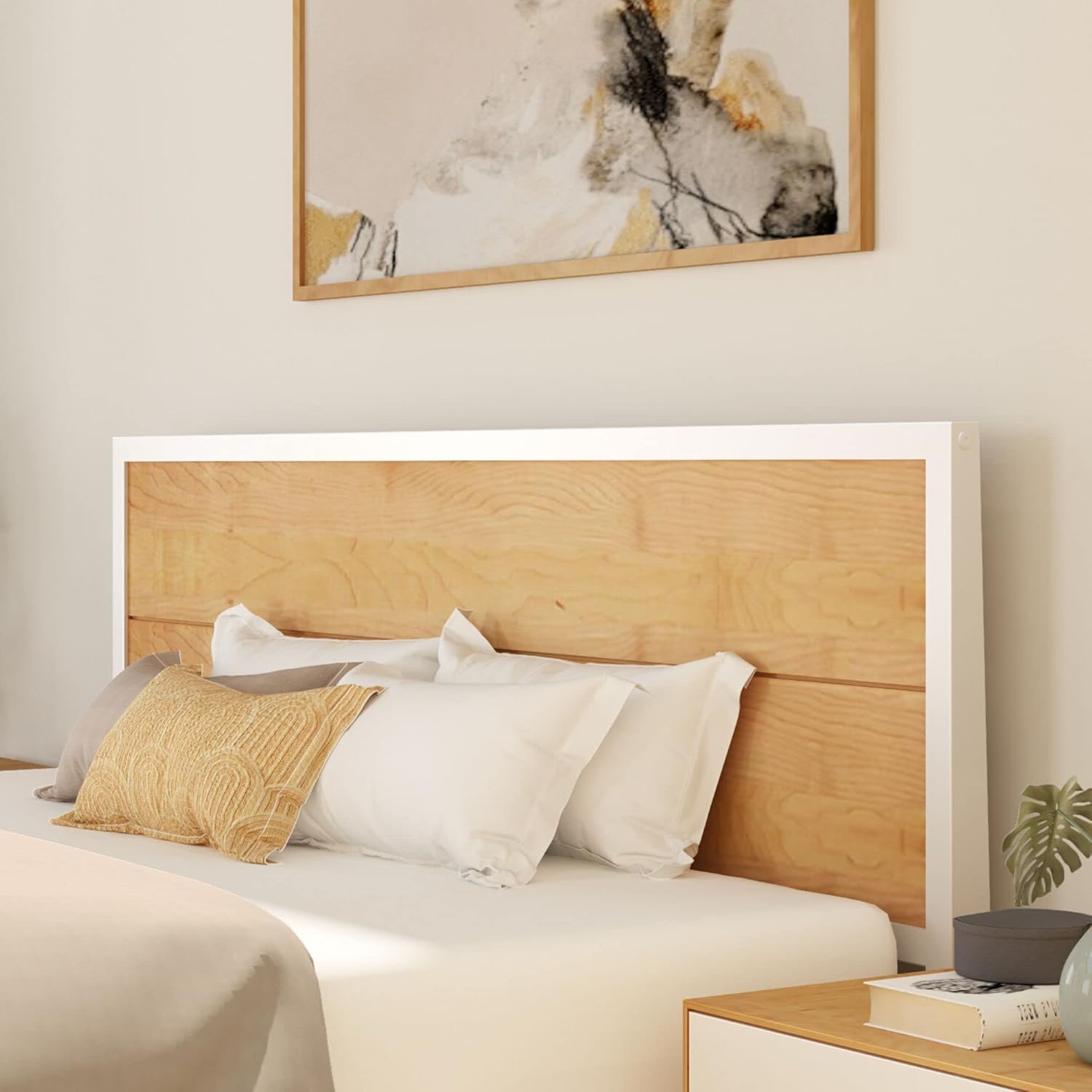 Plank+Bea Du Soli Woo Kin Be Fram wit Pane Headboard Moder Platfor Be wit Woo Sla Support N Bo Sprin Needed White/Birch