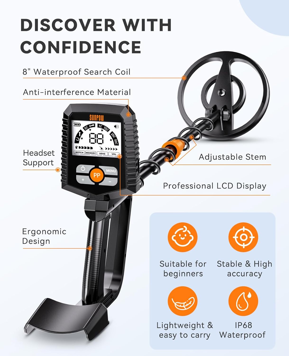 SUNPOW Metal Detector for Adults & Kids, Kids Metal Detector kit Waterproof for Gold Detecting, Stable Anti-Interference, Higher Accuracy, Bigger LCD Display, 4 Modes, 8inch Search Coil, MD13