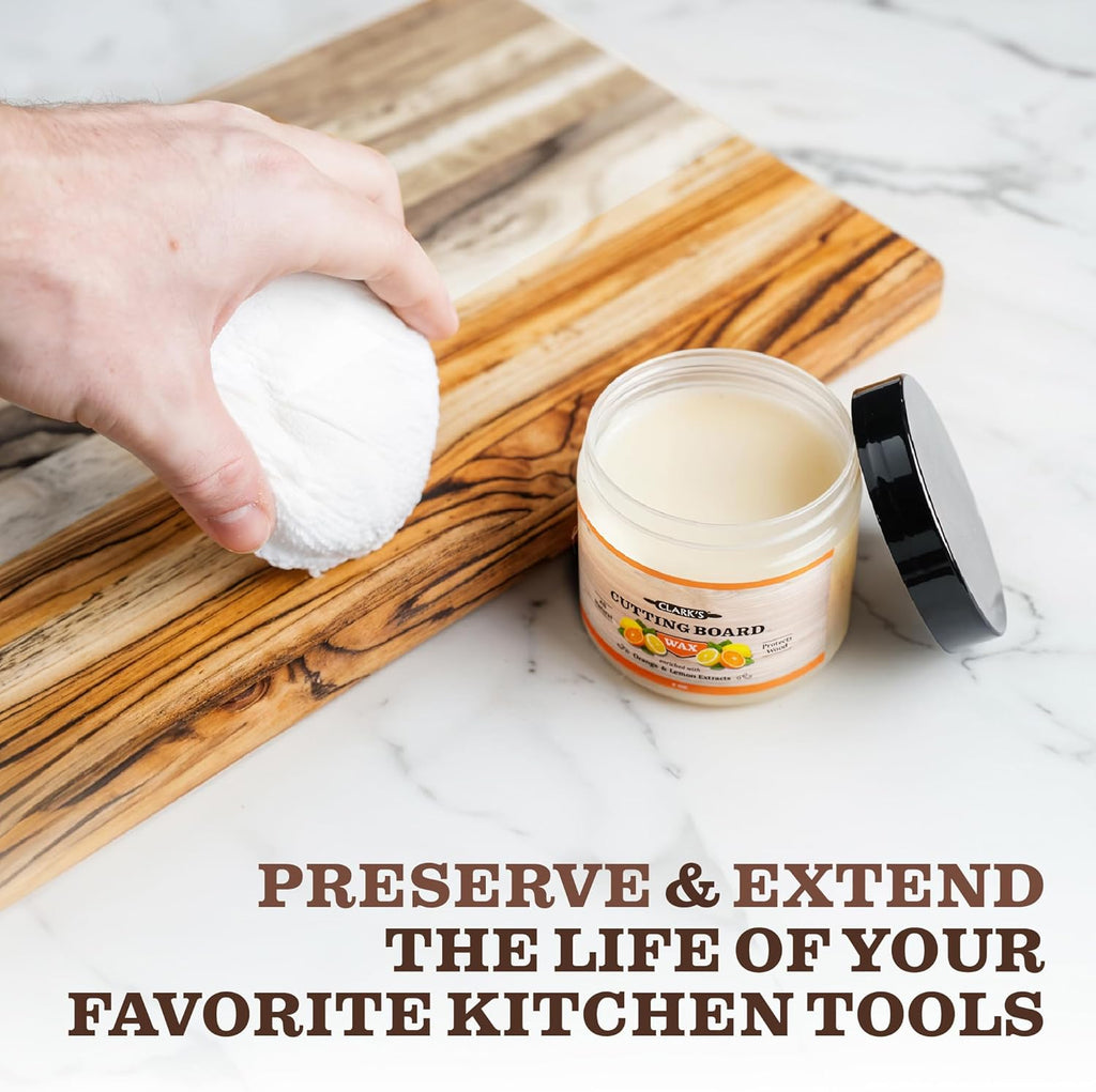 CLARK'S Cutting Board Wax - 2-in-1 Wood Butter & Food Grade Mineral Oil with Beeswax ¨C Butcher Block Conditioner for Cutting Boards ¨C Orange & Lemon Essential Oil Scent ¨C Made in USA, 6oz