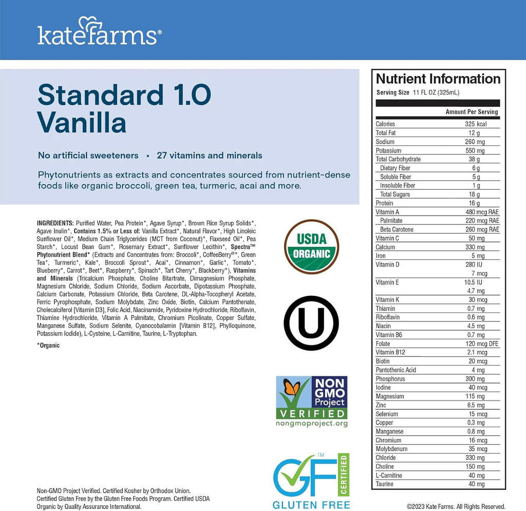 KATE FARMS Organic 1.0 Vanilla Nutrition Shake, 16g protein, 27 Vitamins and Minerals, Meal Replacement Shake 11 oz (12 Pack)
