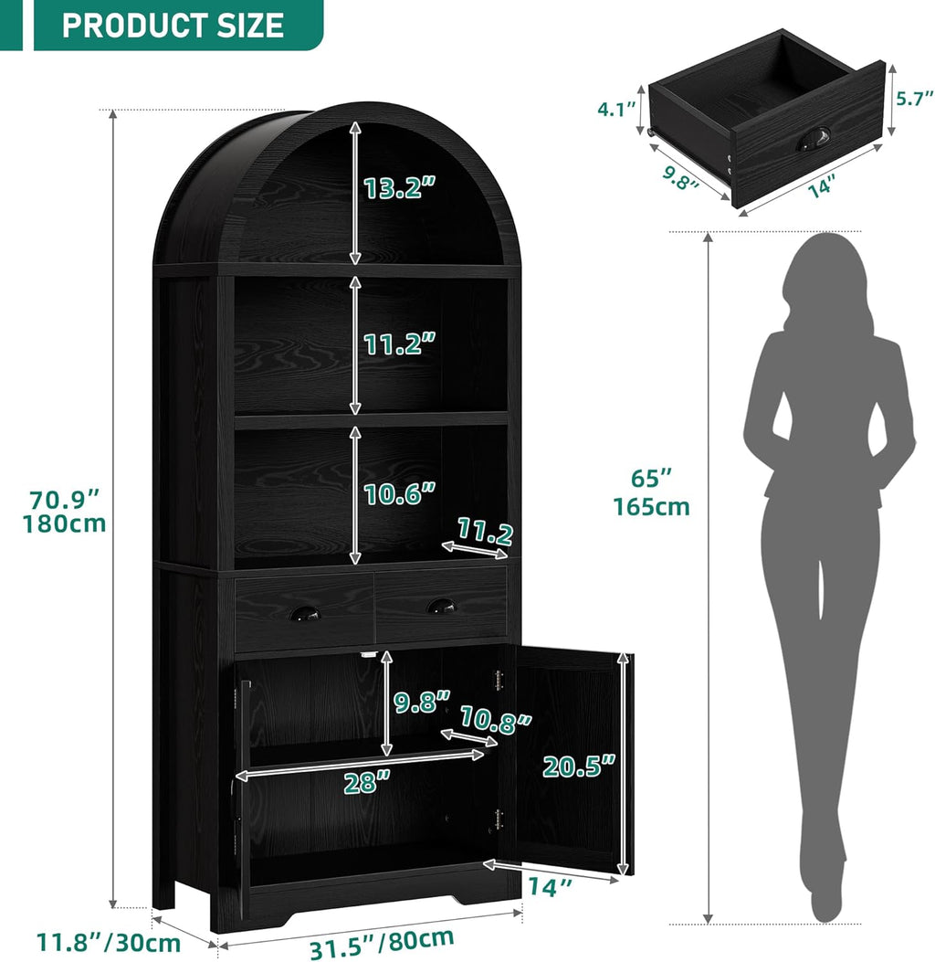 YITAHOM Arche Bookshel wit Storag Pack 71inc Tal Blac Arche Bookcas wit Drawer an Doors Arche Woode Bookshel Arc Storag Cabine fo Livin Room Bedroom Kitchen Black