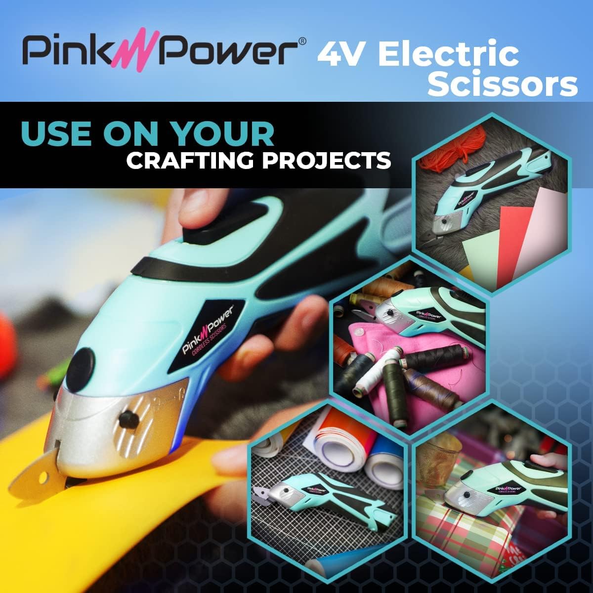 Pink Power Electric Fabric Scissors Box Cutter for Crafts, Sewing, Cardboard, Carpet, Scrapbooking - Heavy Duty Professional Shears Cutting Tool - Aqua Splash Automatic Cordless Electric Scissors