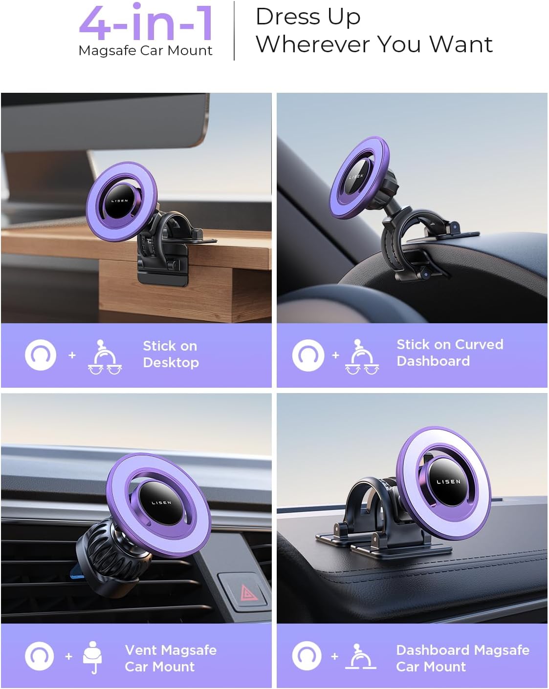 LISEN Fits MagSafe Car Mount Car Phone Holder,Strong Magnetic Phone Holder for Car Magsafe, Dashboard Vent iPhone 16 Car Mount Holder Car Accessories for iPhone 16 15 14 13 12 Pro Max,Purple