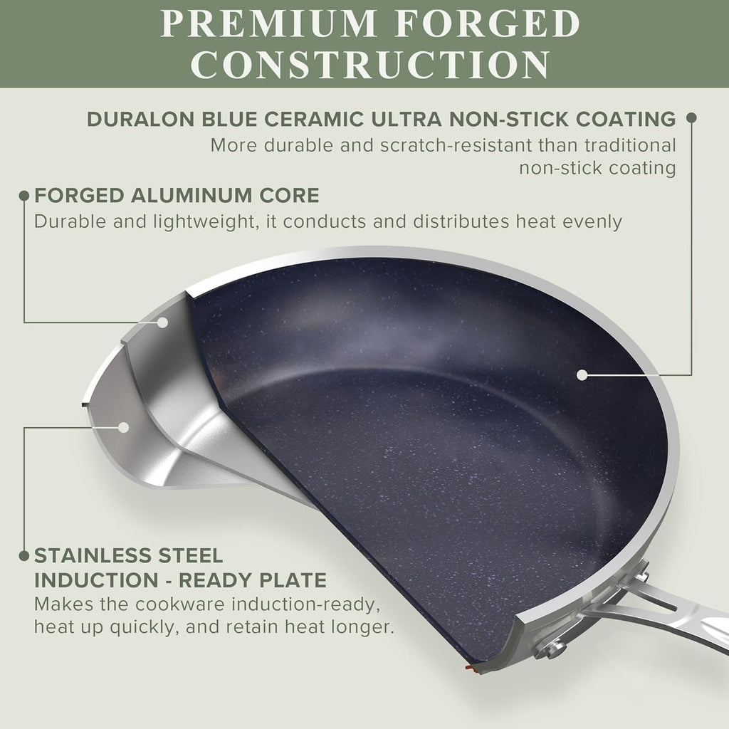 Healthy Duralon Blue Ceramic Nonstick Cookware Set, Diamond Infused Scratch-Resistant, PFAS Free, Dishwasher Oven Safe, Induction Ready Evenly Heats, Tempered Glass Lids Stay-Cool Handles