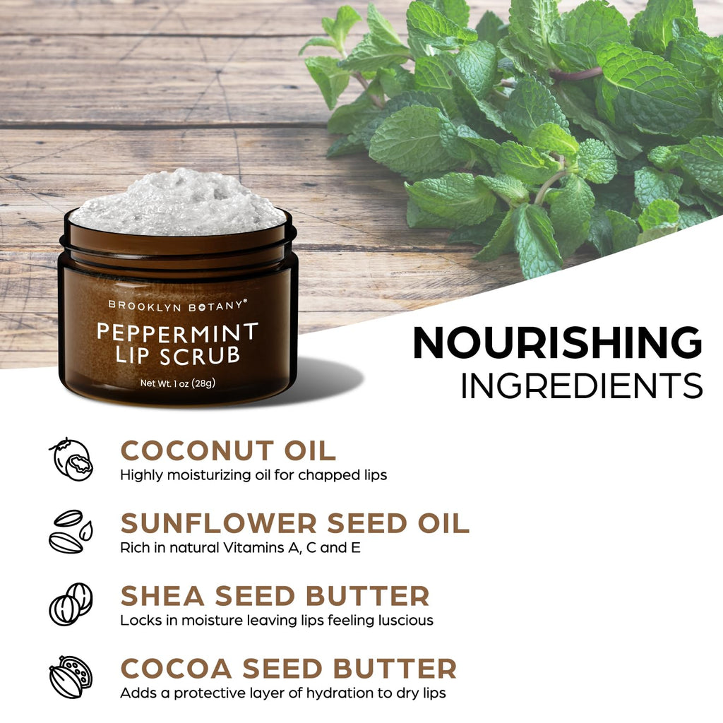 Brooklyn Botany Lip Scrub Exfoliator 1 oz ¨C Lip Moisturizer for Dry Lips and Chapped Lips ¨C Gentle Lip Exfoliator for Smooth and Brighter Lips ¨C Peppermint Flavor