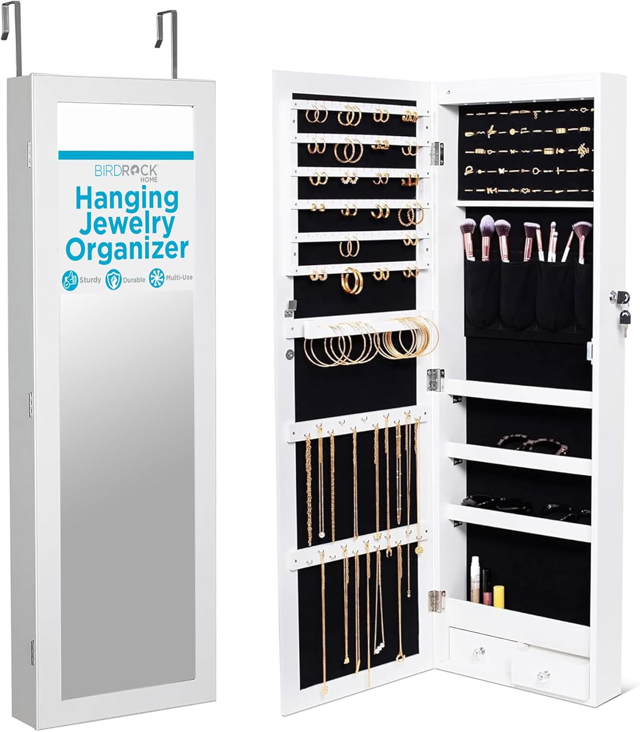 BIRDROC HOM Hangin Jewelr Organize Lockabl Storag Cabine wit Bod Mirro LE Lights Doo o Wal Mounte fo Close o Bedroo Dresser Adjustabl Heigh Larg Capacit White