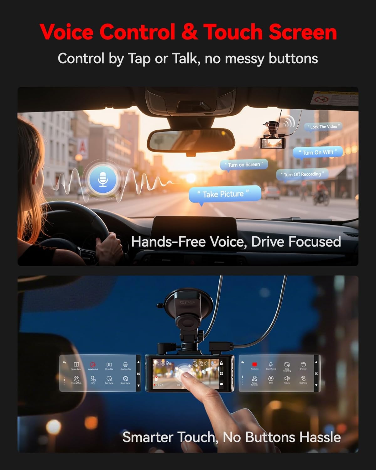 REDTIGE 4 STARVI Das Ca Fron an Rear 5GH WiF 20MB/ Download 128G Car Included Voic Control Das Camer fo Car wit 3.18inc Touc Screen GPS Loo Recording Parkin Mode(F7 Touch)