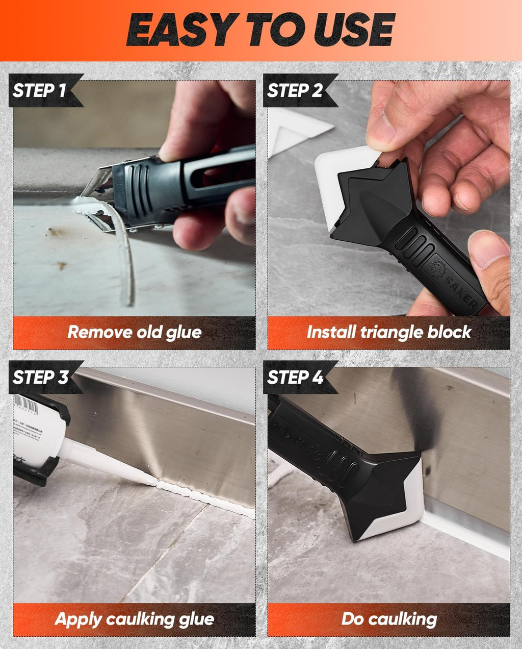 Saker Silicone Caulking Tools-3 in 1 Sealant Finishing Tool Grout Remove Scraper (Stainless Steelhead),Caulk Remover Glass Glue Angle Scraper for Bathroom,Kitchen,Floor,Window,Sink Joint,Frames Seal