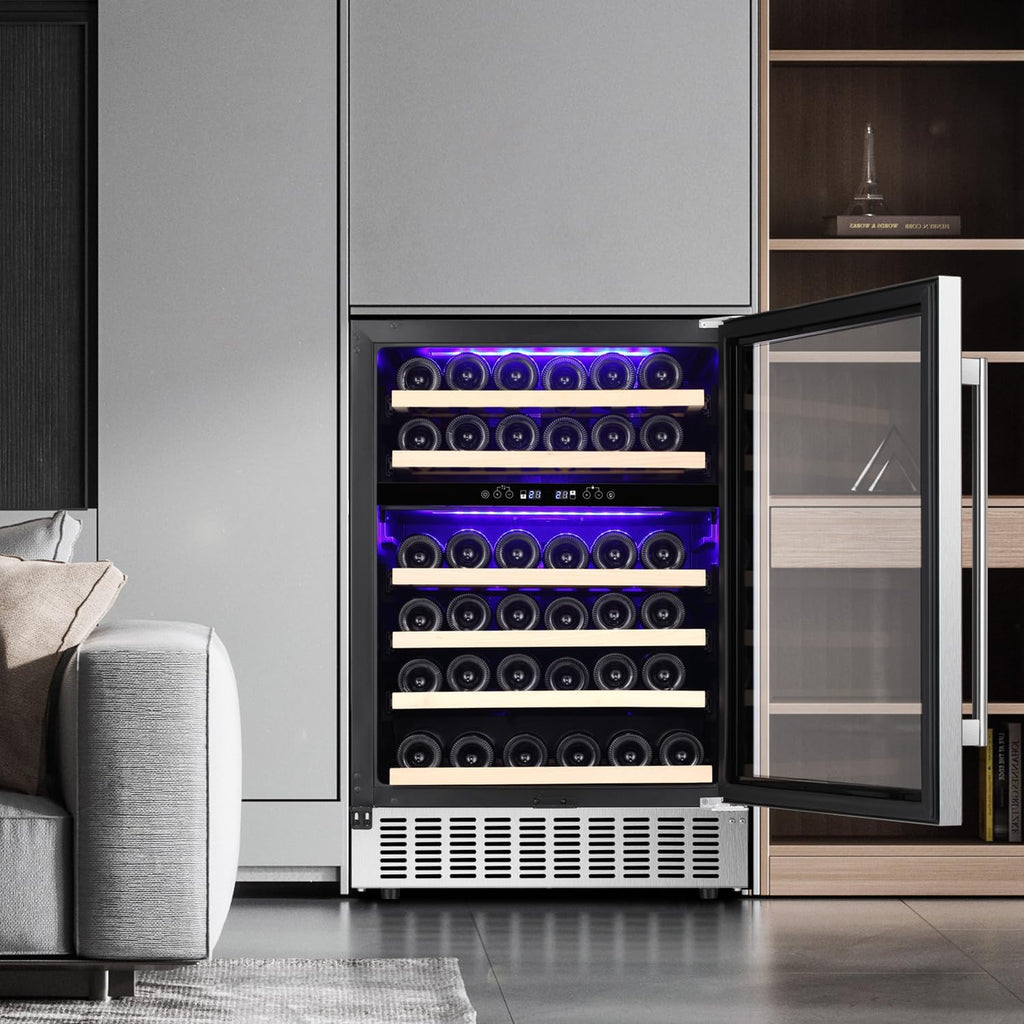 Antarctic Star 24inch Wine Cooler Beverage Refrigerator,Under Counter Beer Mini Fridge Built-in Freestanding Stainless Steel Dual-Layer Digital Temperature Control Glass Door