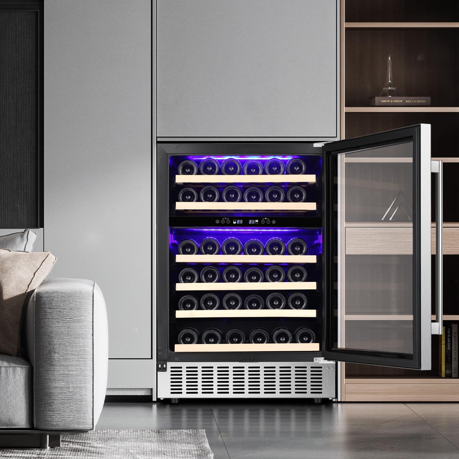 Antarctic Star 24inch Wine Cooler Beverage Refrigerator,Under Counter Beer Mini Fridge Built-in Freestanding Stainless Steel Dual-Layer Digital Temperature Control Glass Door