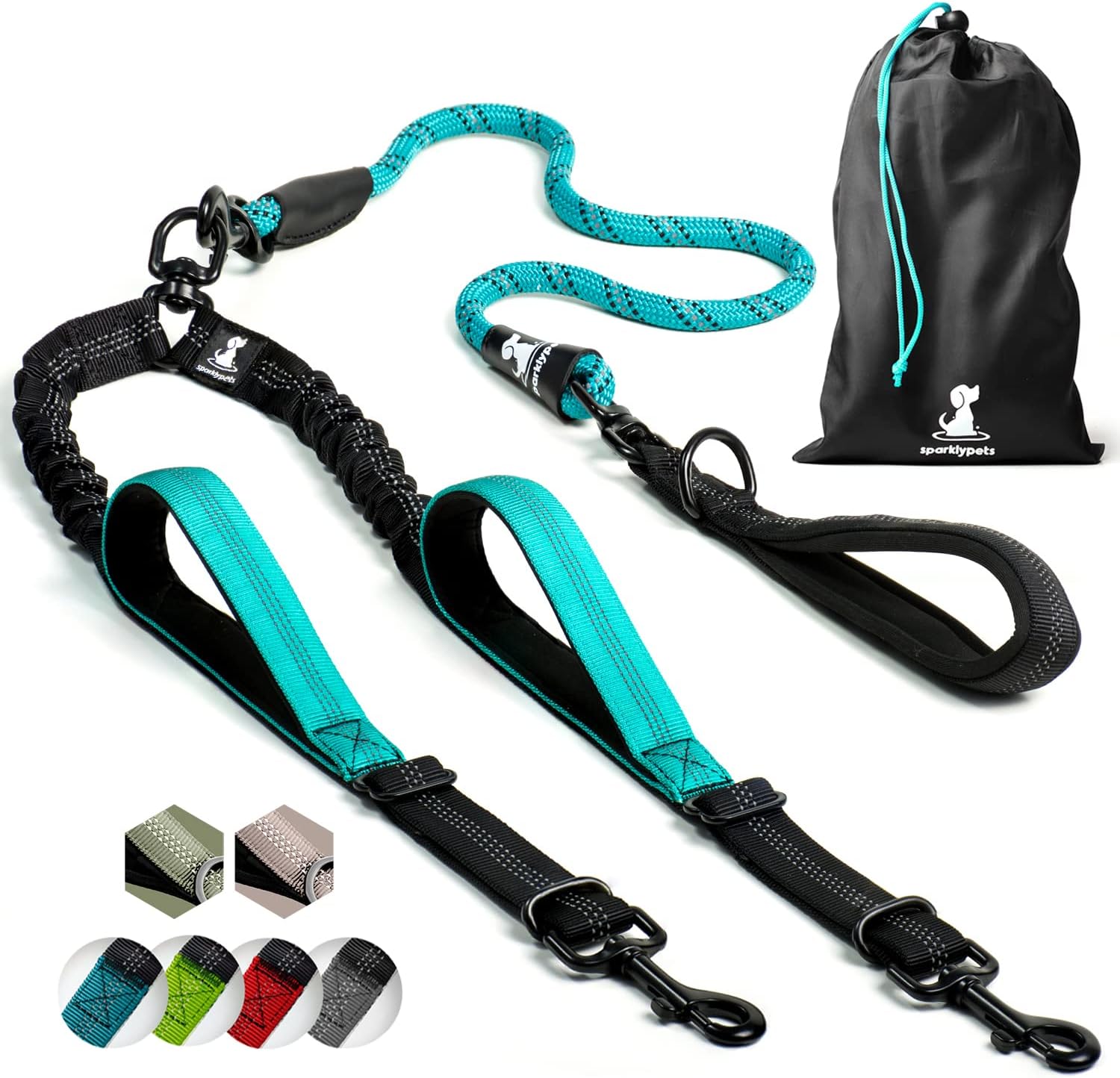 SparklyPets Double Dog Leash for 2 Dogs ¨C Rope Bungee Dual Leash for Medium and Large Breeds with Padded Handles & Tangle Free (Teal, Medium/Large)