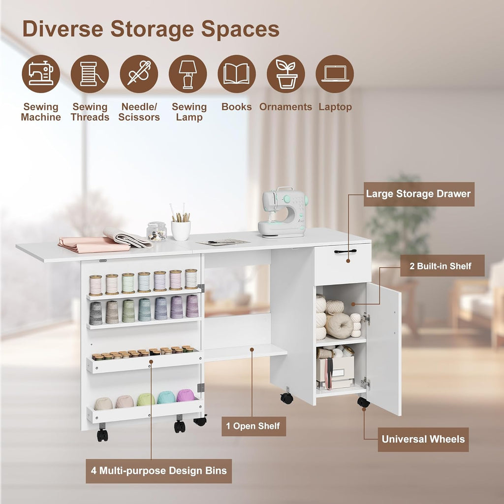 GarveeHom Larg Foldin Sewin Table Multipurpos Craf Tabl wit Storage Craf Car wit Slidin Drawer Sewin Cabine wit Storag Shelves