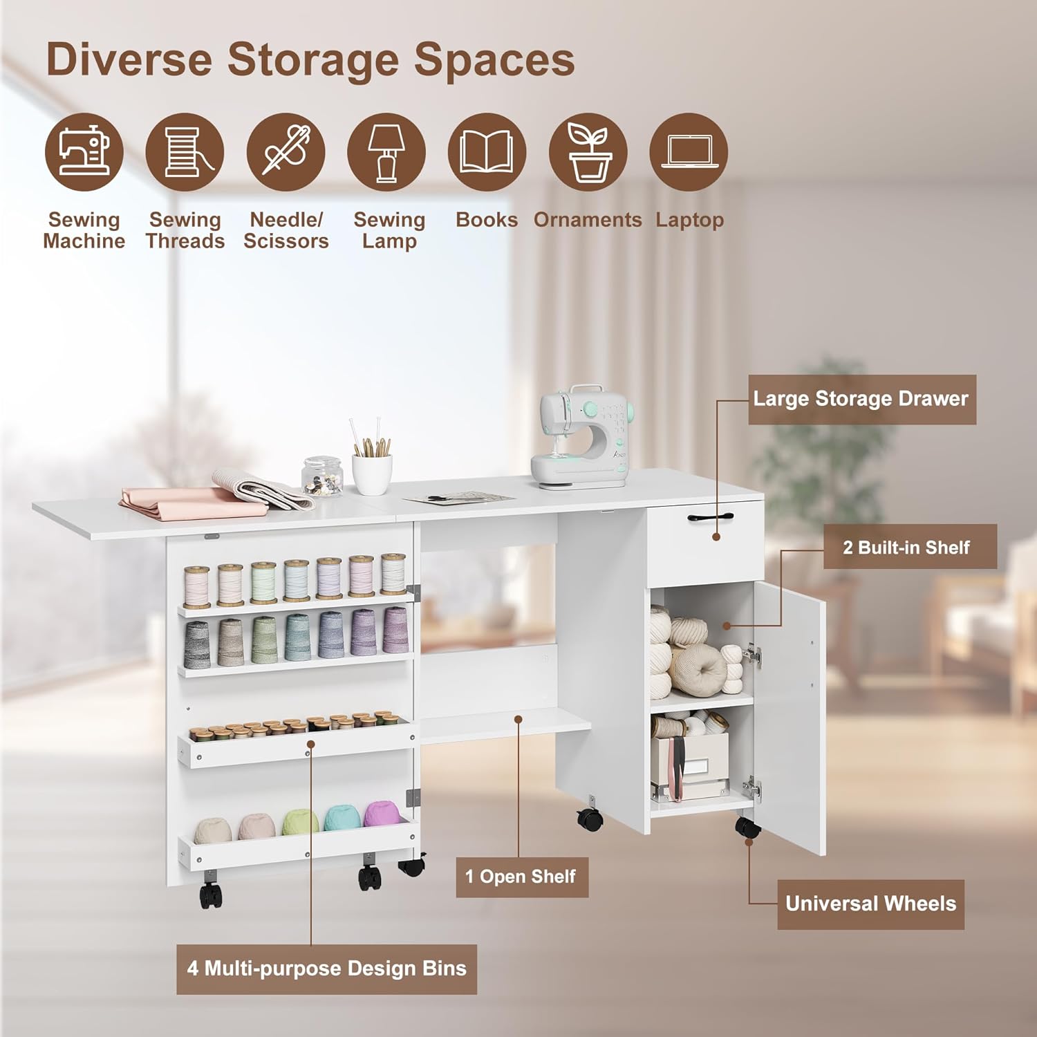 GarveeHom Larg Foldin Sewin Table Multipurpos Craf Tabl wit Storage Craf Car wit Slidin Drawer Sewin Cabine wit Storag Shelves