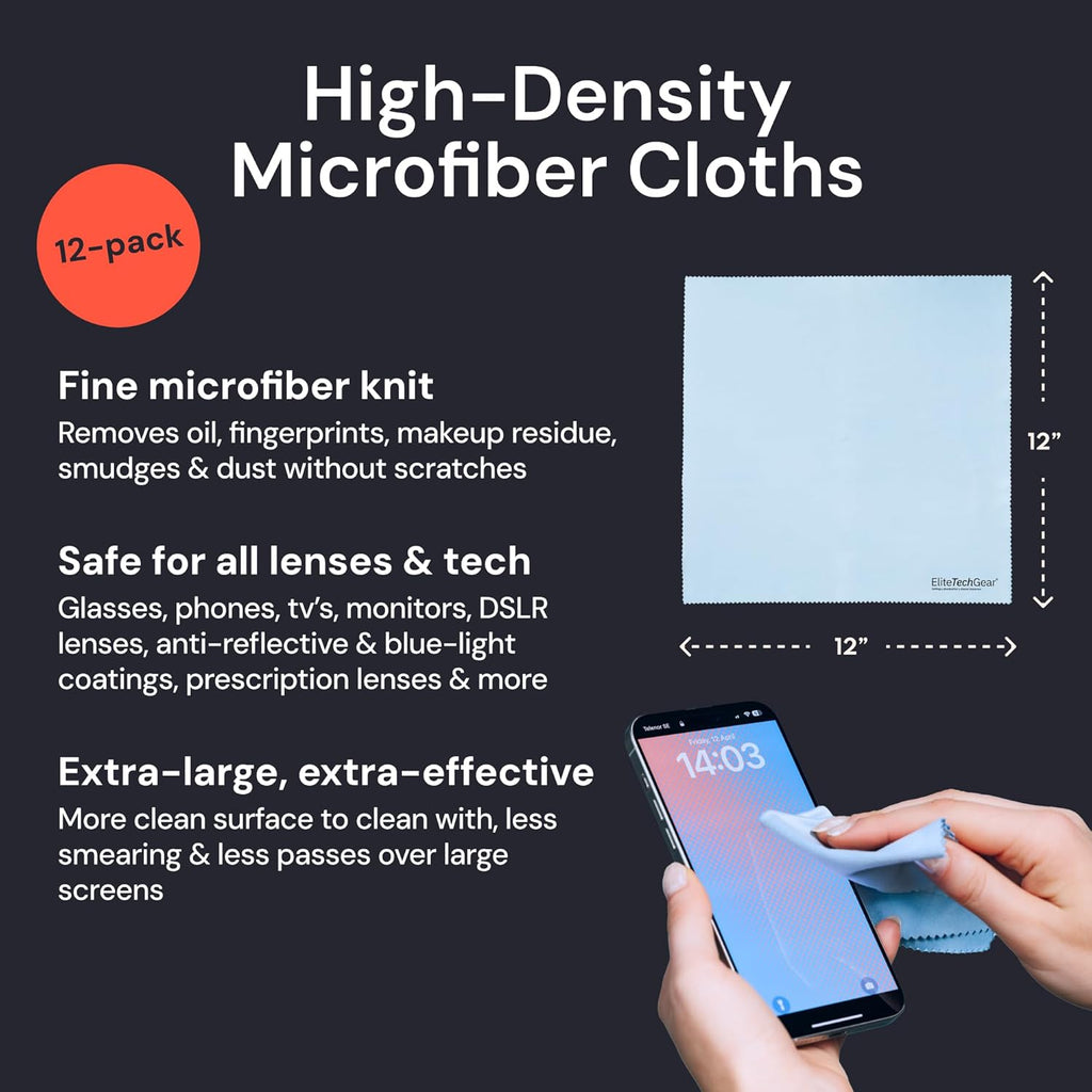 Elite Screens Microfiber Cleaning Cloth - 12-Pack, 12inch x 12inch, Blue - Oversized Eyeglass Cleaning Cloth - Quick-Dry Reusable Glasses Wipes - Portable Pocket Lens Wipes