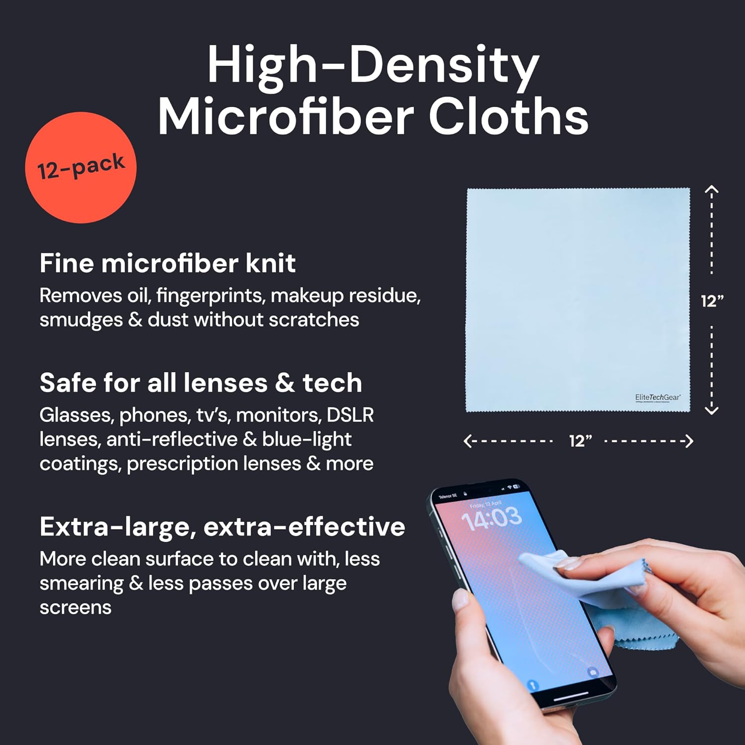 Elite Screens Microfiber Cleaning Cloth - 12-Pack, 12inch x 12inch, Blue - Oversized Eyeglass Cleaning Cloth - Quick-Dry Reusable Glasses Wipes - Portable Pocket Lens Wipes