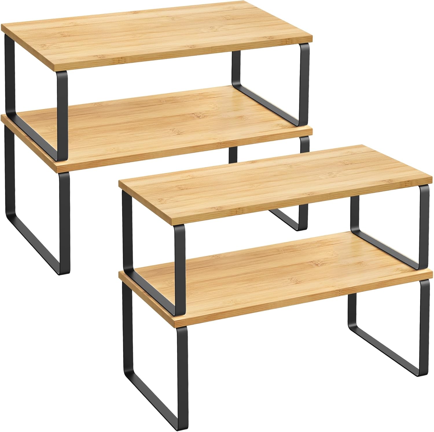 Cabinet Organizer Shelf, Set of 4 Kitchen Counter Shelves, Kitchen Storage, Spice Rack, Stackable, Expandable, Metal and Engineered Wood, Ink Black and Natural Beige UKCS210B01