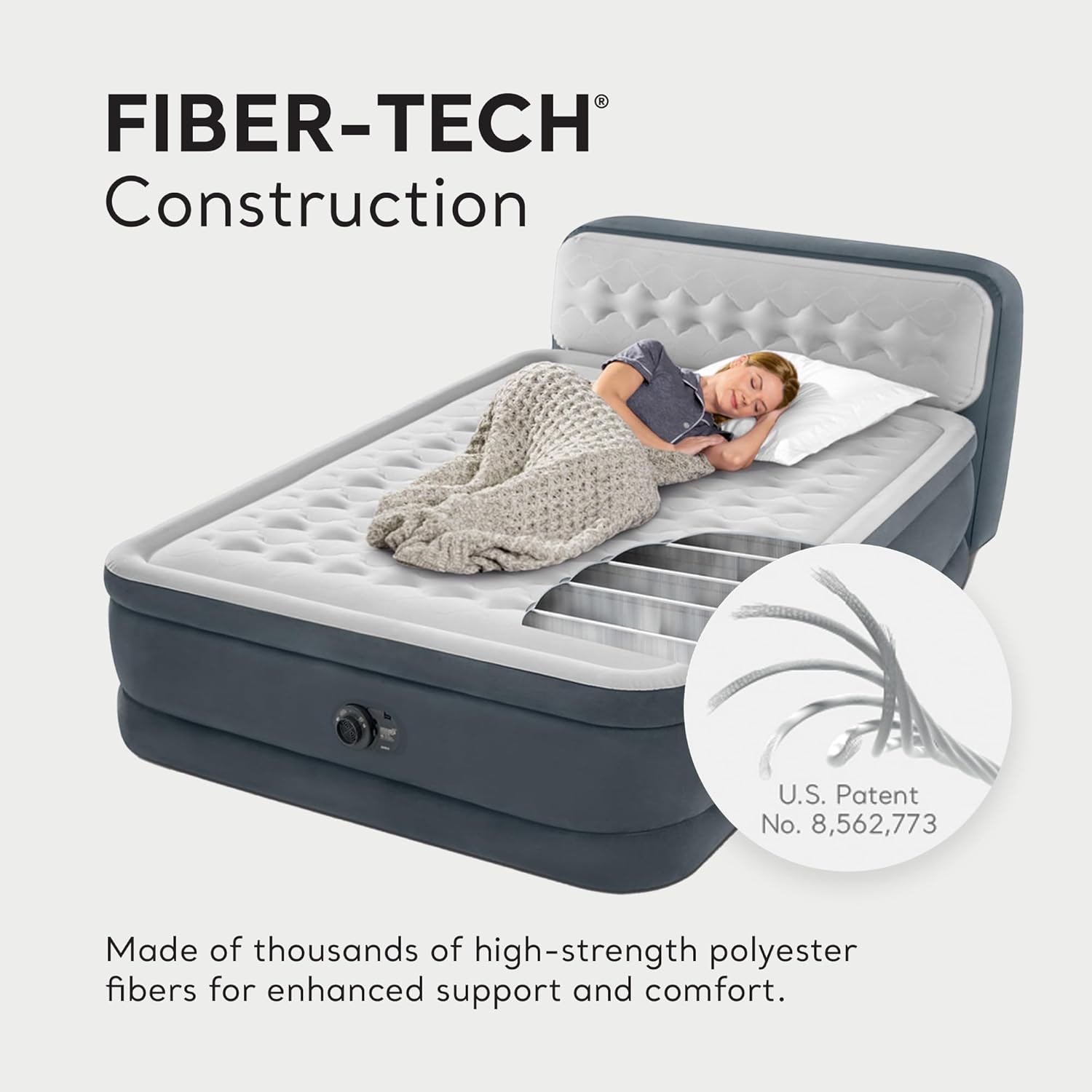 Intex 64447ED Dura-Beam Deluxe Ultra Plush Air Mattress with Headboard: Fiber-Tech ¨C Queen Size ¨C Built-in Electric Pump ¨C 18in Bed Height ¨C 600lb Weight Capacity