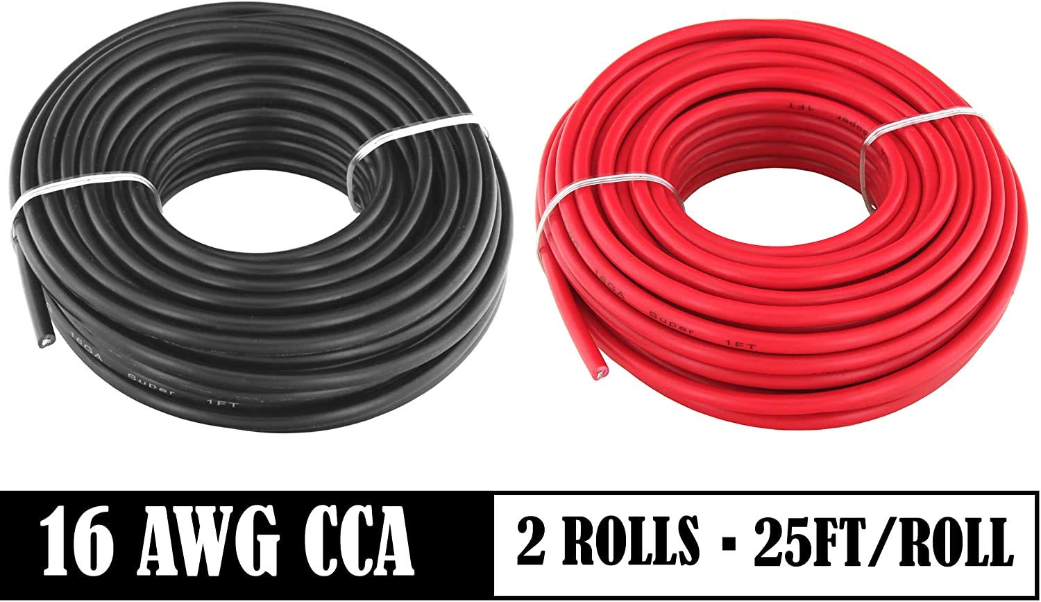 GS Power 50ft CCA 16 Gauge Wire Automotive, 25ft Red & 25ft Black, 16 AWG 12v, Speaker Electrical Wire Low Voltage Primary for Car Stereo Audio Video Trailer Harness Hookup Wiring DIY
