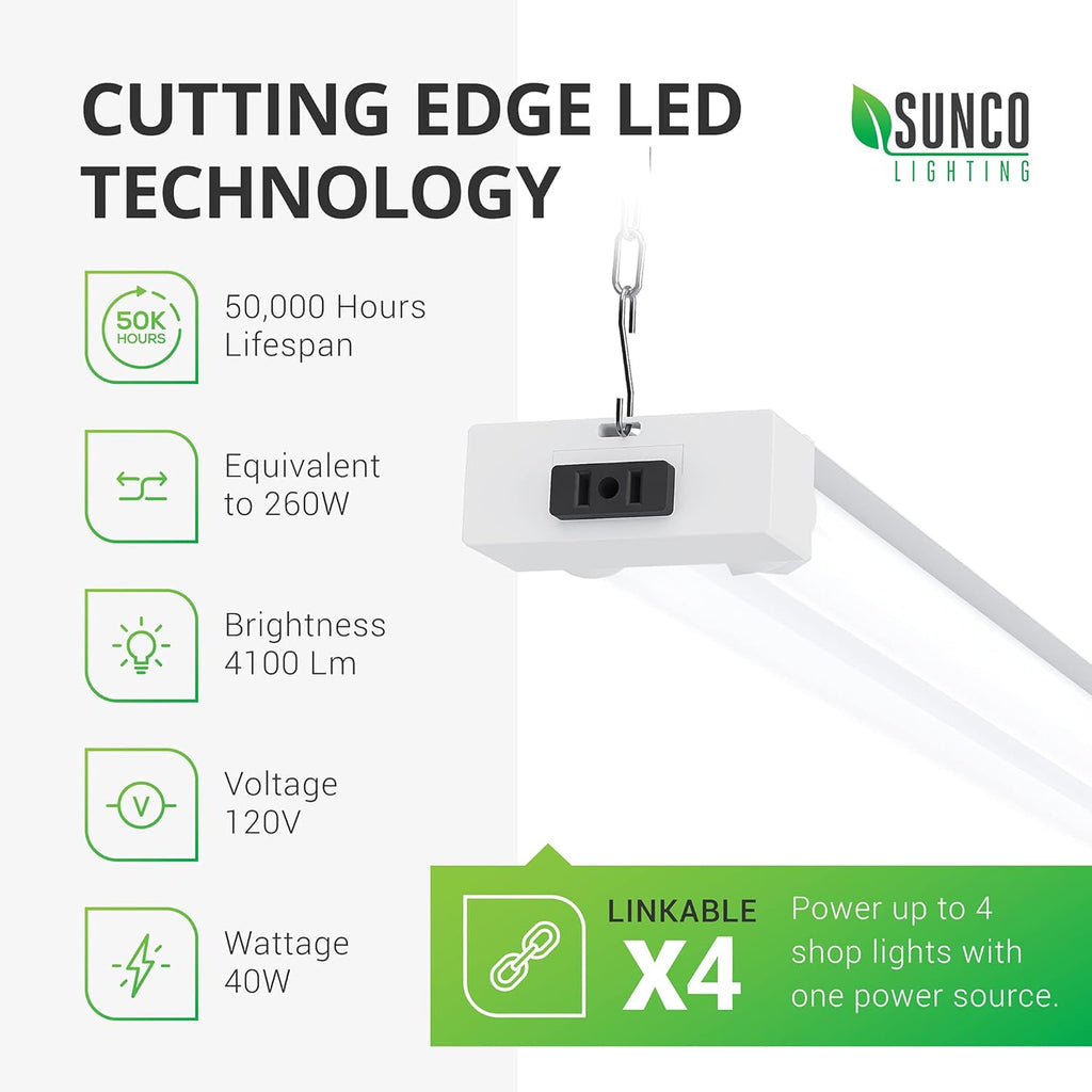 Sunc 1 Pac 40W=260 LE Sho Ligh fo Worksho Garag 4FT Plu i Froste Len Linkabl Utilit Industria Fixture 5000 Daylight 410 Lumen Non-Dimmable Hanging Pul Chai ETL