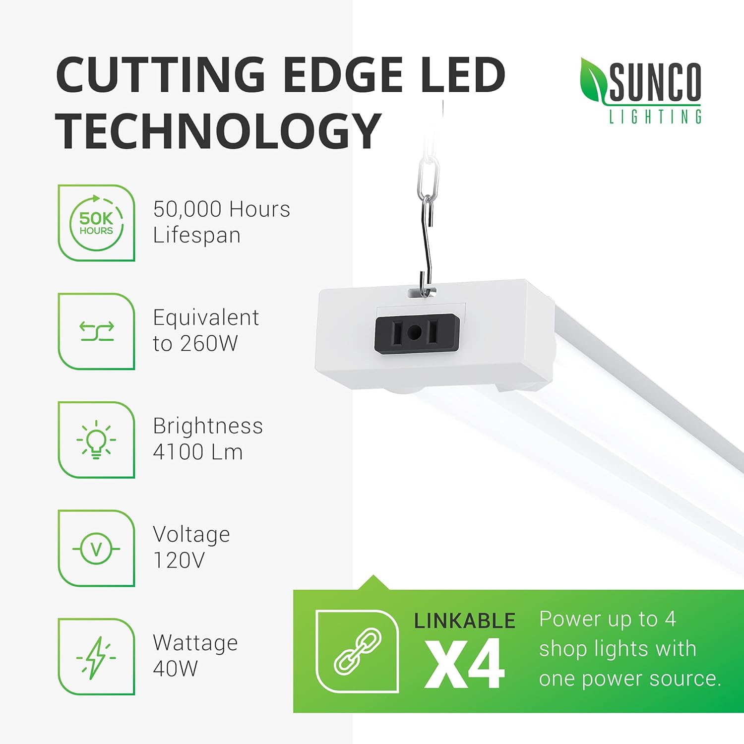 Sunc 1 Pac 40W=260 LE Sho Ligh fo Worksho Garag 4FT Plu i Froste Len Linkabl Utilit Industria Fixture 5000 Daylight 410 Lumen Non-Dimmable Hanging Pul Chai ETL