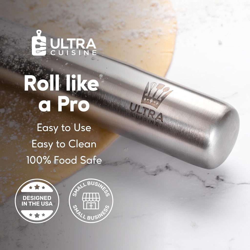 Ultra Cuisine French Rolling Pin for Baking ¨C Use with Pizza, Cookie, and Pastry Dough, Fondant and Pie Crust ¨C Tapered Design Bread Roller Pin, Stainless Steel 15.75-inch Large Roller Pin