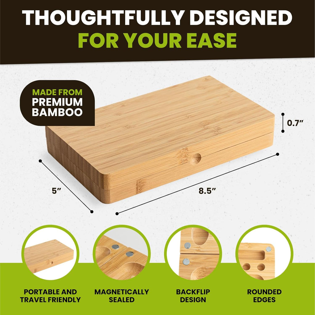 Foldable Bamboo Tray with Magnetic Lid - Durable, Easy to Clean - Portable, Perfect for Home Storage or Travel, Decorative-Tray - Gifts for Him - 8.5inch x 5inch