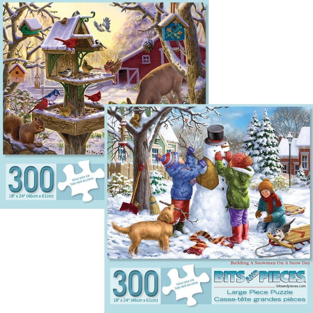 Bits and Pieces ¨C Value Set of Two 300 Piece Jigsaw Puzzles for Adults ¨C Building a Snowman on a Snow Day, Sunrise Feasting - Winter Snow Jigsaw Puzzles by Artist Liz Goodrick - Dillon