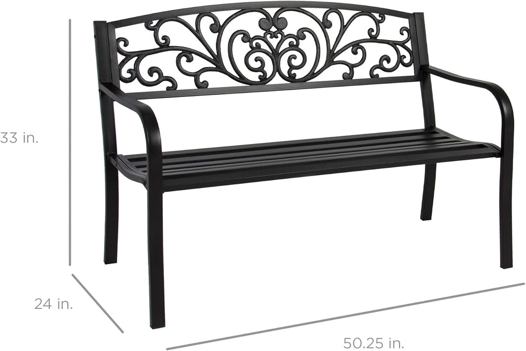 Best Choice Products Outdoor Bench Steel Garden Patio Porch Furniture for Lawn, Park, Deck w/Floral Design Backrest, Slatted Seat - Black