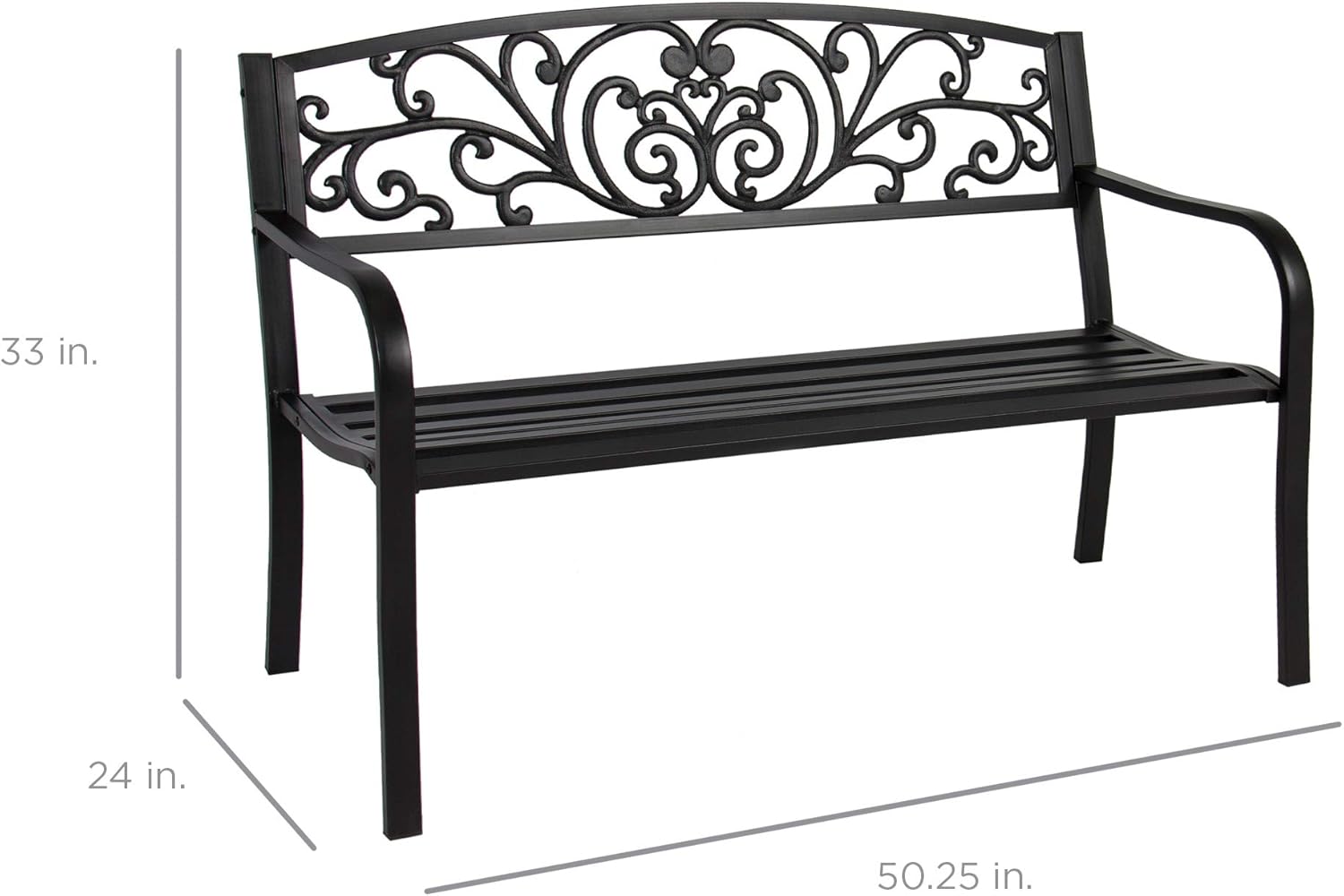 Best Choice Products Outdoor Bench Steel Garden Patio Porch Furniture for Lawn, Park, Deck w/Floral Design Backrest, Slatted Seat - Black