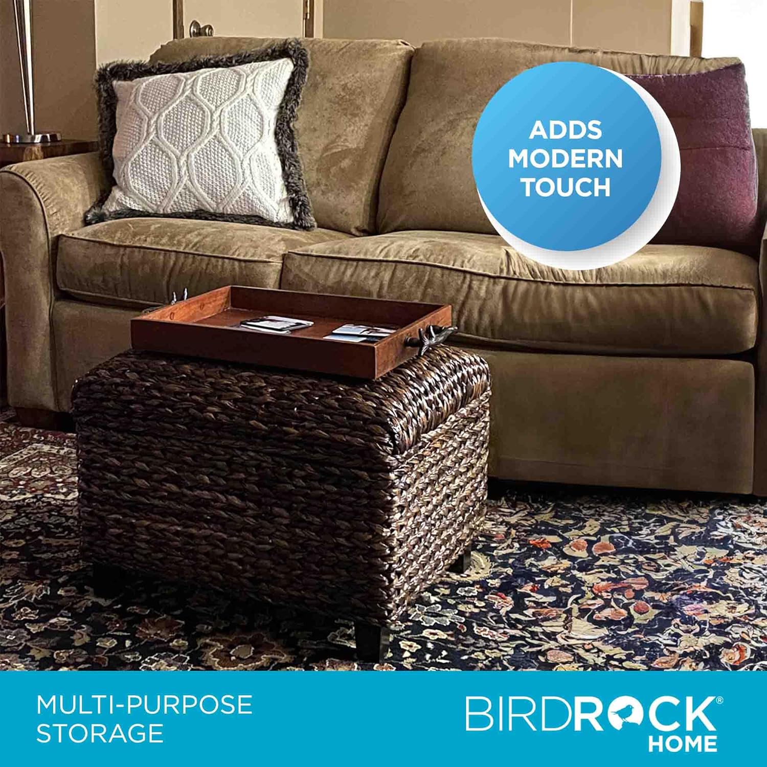 BIRDROC HOM Wove Seagras Storag Ottoma wit Safet Hinge Easy-to-Ope Lid Sturd Constructio Natura Brow Finis Larg Storag Spac Idea fo Livin Room Bedroom Dor 22x18x16