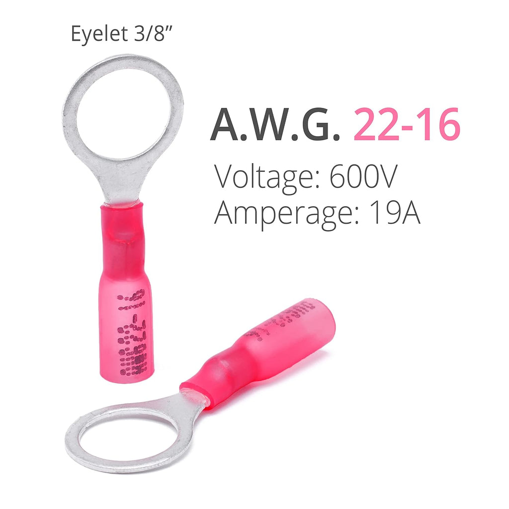 Wirefy 150 PCS Heat Shrink Ring Terminals 3/8inch - a Resistant Ring Connectors - Eyelet Wire Connectors - Red 22-16 AWG