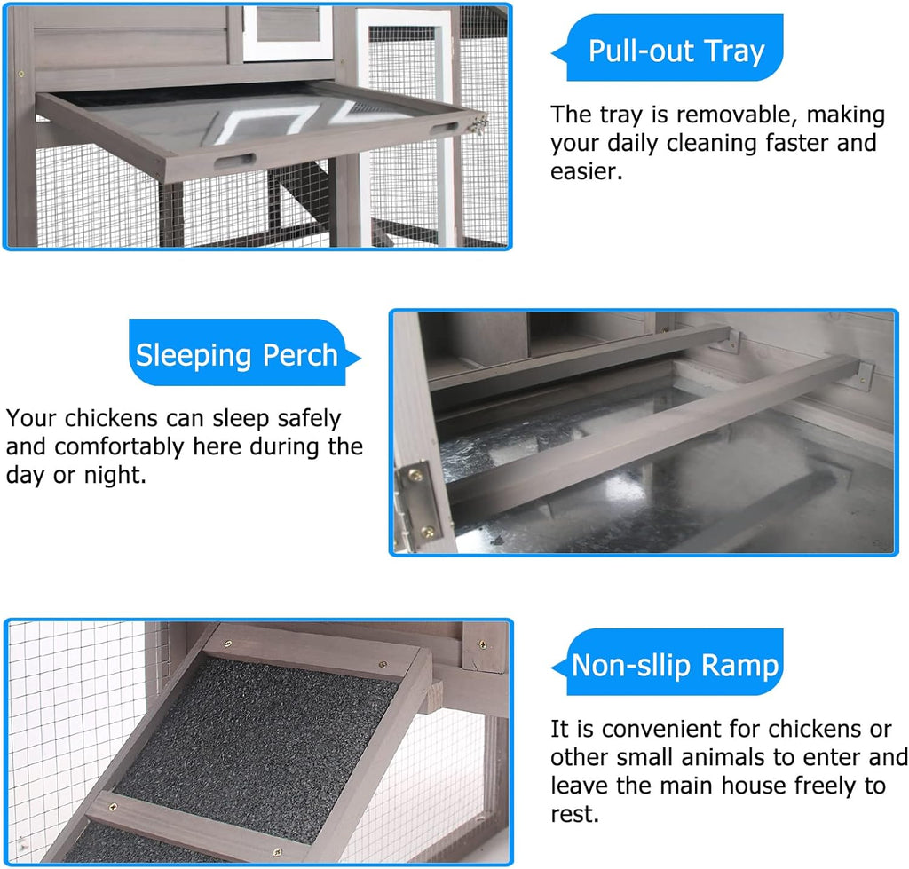 PetsCosset Chicken Coop Wooden Backyard Hen House - Indoor Outdoor for 2-3 Chickens, 2 Story Poultry Cage with Run, Chicken Nesting Box, Pull Out Trays and Anti-Slip Asphalt Ramp